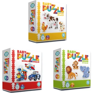 Circle Toys 3'lü Baby Puzzle Seti Çiftlik, Orman, Sevimli Araç 2 - 4 Yaş Eğitici