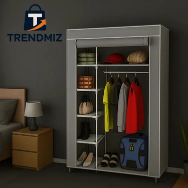Trendmiz Tek Yandan Raflı Bez Dolap | Katlanabilir Gardırop | Toz Geçirmez Fermuarlı Saklama