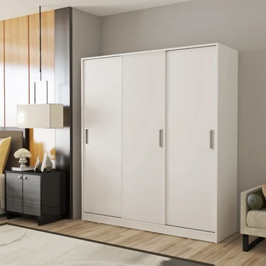 Afilli 3 Kapılı Sürgülü Gardrop Modern Tasarım Beyaz MDF Malzemeden