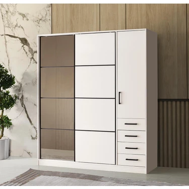Erezoğulları Mobilya Damla Beyaz Modern Sürgülü Aynalı Elbise Dolabı Gardrop 180 x 60 x 210