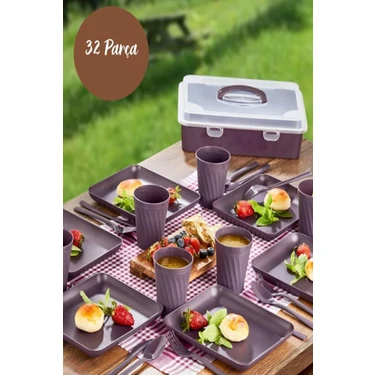 32 Parça Mürdüm Piknik Seti Premium Kalite Piknik Mangal Seti Tabak, Bıçak, Çatal, Kaşık, Bardak