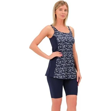 Taytkini Garnili Desenli Şortlu Büyük Beden Tankini 5534 Lacivert
