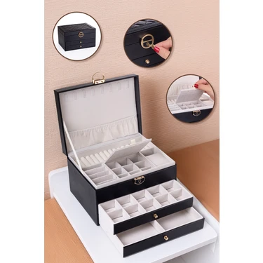 Ecrou Modern 2 Çekmeceli Takı Mücevher Kutusu Organizer Düzenleyici Siyah 13 X 23 X 10