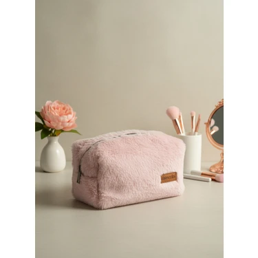 Moserini Pembe Yumuşak Peluş Makyaj Çantası – Kadınlar İçin Büyük Boy XL Seyahat Kozmetik