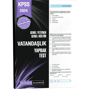 Pegem Akademi Yayıncılık 2024 KPSS Genel Yetenek Genel Kültür Vatandaşlık Yaprak