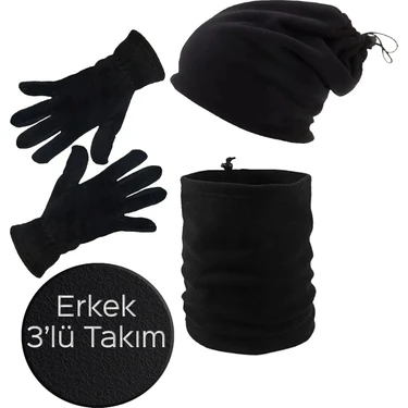 Mrey Erkek Siyah Kışlık Termal Polar Eldiven - Polar Ipli Bere Şapka - Polar Ipli Boyunluk 3'lü