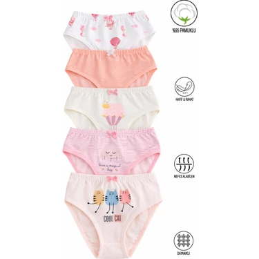 Özkan 41603 5'li Paket Kız Çocuk Karışık Renkli Desenli Pamuklu Yumuşak Slip