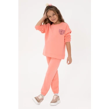 U.S. Polo Assn. Kız Çocuk Neon Pembe Simli Baskı Detaylı Jogger Eşofman Altı