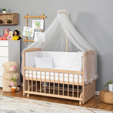 Bamgidoo Ahşap Organik Beşik Anne Yanı Beşik 3 Kademeli Lüx Bebek Beşiği 60 x 120 cm - Krem Güpür