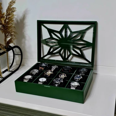 Tekir Store Ahşap 12 Bölmeli Saat Kutusu Dekoratif Yeşil Saat Aksesuar Saklama Kutusu