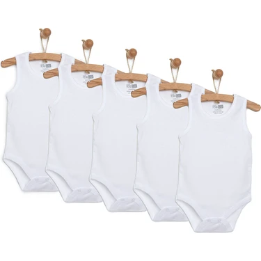 HelloBaby Unisex 5li Beyaz Body Zarf Yaka Atlet Kol Beyaz %100 Pamuklu Düz Desenli Rahat