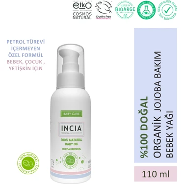 INCIA %100 Doğal Bebek Yağı Organik Jojoba Bakım Masaj Yağı Parafinsiz Bitkisel Vegan 110