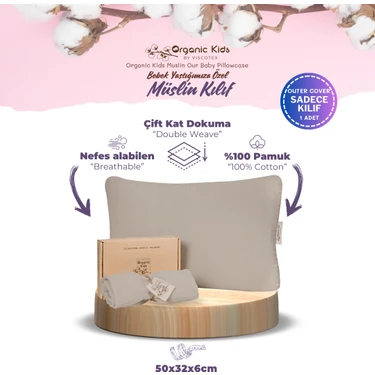 Viscotex Çift Katlı Müslin Bebek Yastık Kılıfı,  Pamuk, 50X32X6