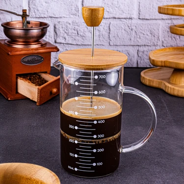 Bambum Leonardo French Press Bambu Kapaklı Zarif Cam Yapısı 700 ml Kahve ve Çay