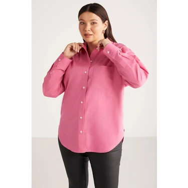 ETHIQUET Susan Kadın Büyük Beden Poplin Manşetli Oversize Pembe Büyük Beden