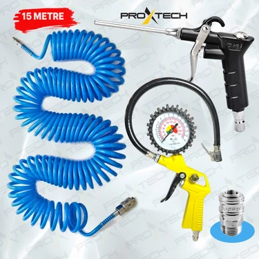 Proxtech 15 Mt Spiral Hava Hortumu ile Lastik Şişirme Kompresör Seti Hava Tabancası