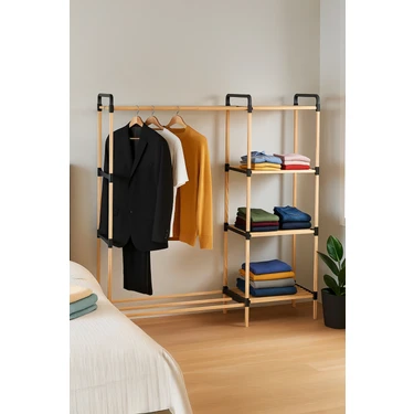 Nwood Pazaraza Ne 05 Modüler %100 Masif Ahşap Raflı Açık Elbise