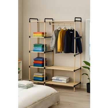 Nwood Ne-03 Raflı Elbise Askısı Açık Gardrop Masif Ahşap 6 Raflı Üst