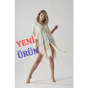 Mavi Düğmeli Pamuklu Yazlık Plaj Elbisesi Standart
