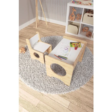 Zeo Wood Design Montessori Çocuk Oyun & Aktivite & Çalışma Masa ve Sandalyesi - Safir