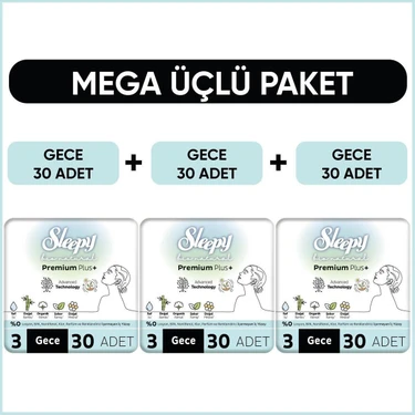 Sleepy Bio Natural Premium Plus Hijyenik Ped Mega Paket Gece 90 Adet 30x3 Nefes Alabilen