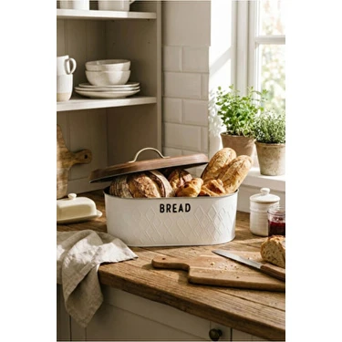 Makri Home Ekmeklik, Metal Ekmek Kutusu, Desenli Beyaz Ekmek Sepeti, 34 x 19 x 16