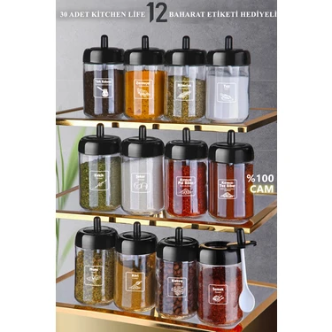 Kitchen Life 12 Adet Kapağı Kendinden Kaşıklı ve Gold Etiketli Baharatlık Seti 300 ml Cam Baharat