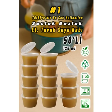 50 Adet Sızdırmaz 120 ml Mini Saklama Kabı Sosluk Buzluk Kabı, Et Suyu, Kemik Suyu, Sos Kabı
