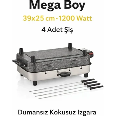 Taner Elektrikli Izgara Mega Boy 1200W Kokusuz Dumansız Metal Gri 38x23x5,4 cm Balkon ve Mutfak