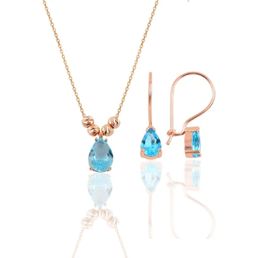 Söğütlü Silver Gümüş Rose Akuamarin Renkli Dorica Damla Kolye ve Çengelli Küpe
