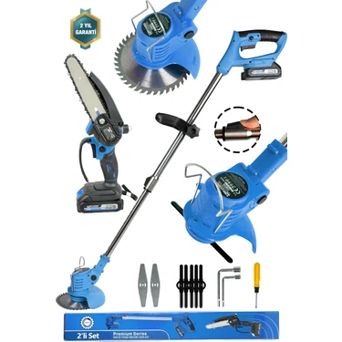 Kimmeer Plus 2'li Set 21V Çift Akü Uzatmalı Kollu Çalı Ot Biçme Şarjlı Tırpan ve