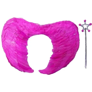 Gerçek Tüylü Katlanabilir Çocuk Pembe Melek Kanadı ve Asa Seti 40X55 cm