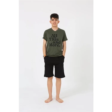 Alfa Aksesuar 03 Moda Erkek Genç Garson Boy Kısa Kol Haki Penye Şortlu Pijama Takımı