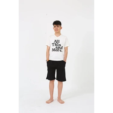 Alfa Aksesuar 03 Moda Erkek Genç Garson Boy Kısa Kol Ekru Penye Şortlu Pijama Takımı