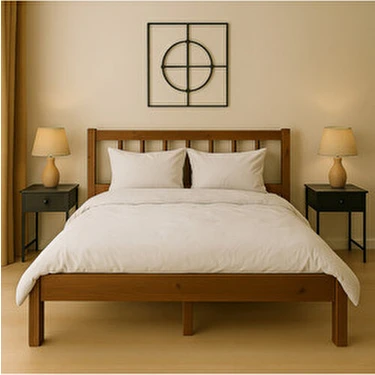 Pinoxi 160CM x 200CM Masif Ahşap 2 Kişilik Yuvarlak Çıtalı Başlıklı Karyola Ceviz