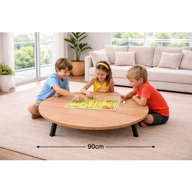 Alesta Life 90 Cm Çap - Ahşap Renk Katlanabilir Yer Sofrası Hamur Açma Tahtası Oyun Masası - 21 Cm