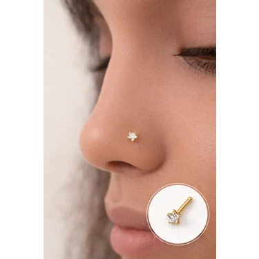 Sacce Scarves & Accessories 316 L Çelik 3 mm Yıldız Tektaş Hızma Burun Piercingi Gold
