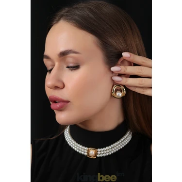 King Bee 2li Set- Üç Sıra Incili Vintage Choker Kolye ve  Modern  Tasarım  Incili Halka Küpe Kolye