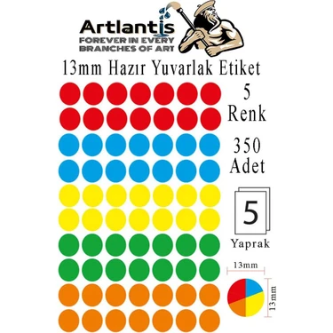 Artlantis 13 mm Renkli Hazır Yuvarlak Etiket 350 Li 1 Paket Mix Color Ofis Etiketler Kendinden