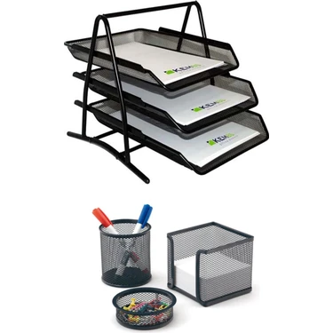 A4 Evrak Rafı Metal Üçlü Perfore 3'lü Set (Kalemlik,