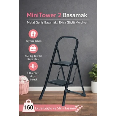Ertekpa 2 Basamak Siyah Merdiven Geniş Basamaklı Minitower,