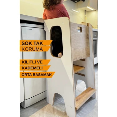 Montessori Öğrenme Kulesi, Çıkarılabilir Güvenlik Parçası ve Ayarlanabilir Yükseklikli Çocuk
