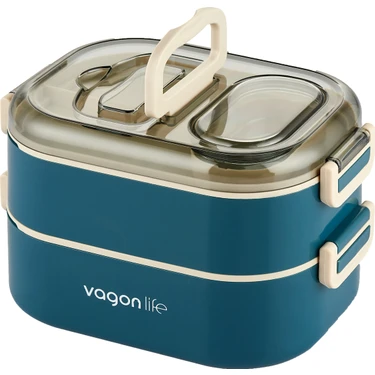 Vagonlife 1000 ml Iki Kat Üç Bölme Paslanmaz Çelik Bento Lunch Box Yeni Nesil Sefer Tası-Sos Kaseli