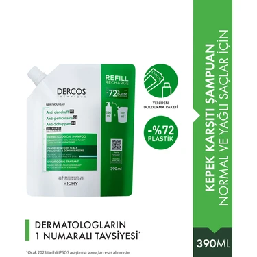 Vichy Dercos Yeniden Dolum Paketi 390 ml Normal/Yağlı Saçlar İçin Kepek Karşıtı Saç Bakım