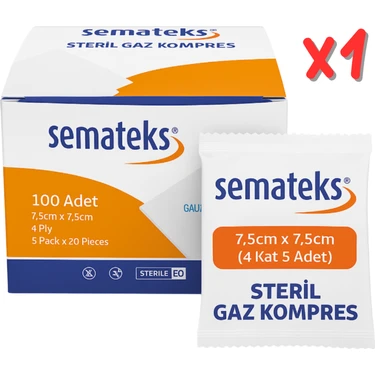 Semateks Steril Pamuklu Dokuma Gaz Kompres Gazlı Bez | 7,5cm x 7,5cm | 4 Katlı | 100'LÜ (5'li Zarf