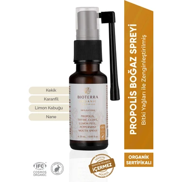 Bioterra Organik Propolis, Kekik ve Karanfil Özlü Doğal Boğaz Spreyi 20 ml – Ferahlatıcı ve