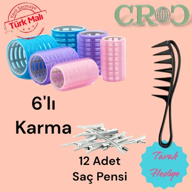 Croc 1225 Karma Bigudi 6lı + Saç Pensi 12lı Cırtlı - Yapışkanlı Saç