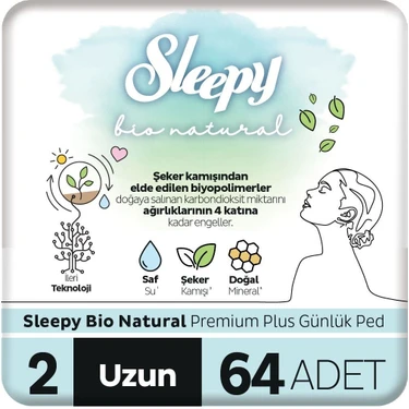 Sleepy Bio Natural Premium Plus Uzun 64 Adet Günlük Ped, Sızdırmaz Teknoloji ile Güvenli