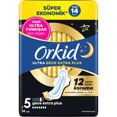 Orkid Ultra Hijyenik Ped Gece Ekstra Plus (Boy 5) Süper Ekonomik Paket 14
