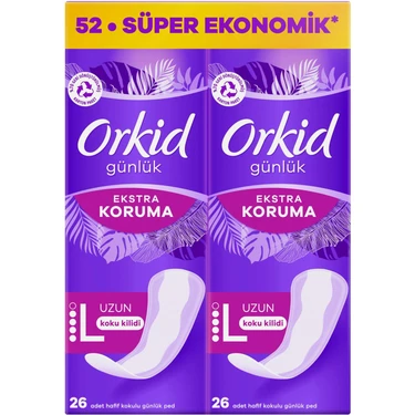 Orkid Uzun Günlük Ped - 52 Adet, Ekstra Koruma, 2'si 1 Arada, Nefes Alabilen Üst Katman, Gün Boyu